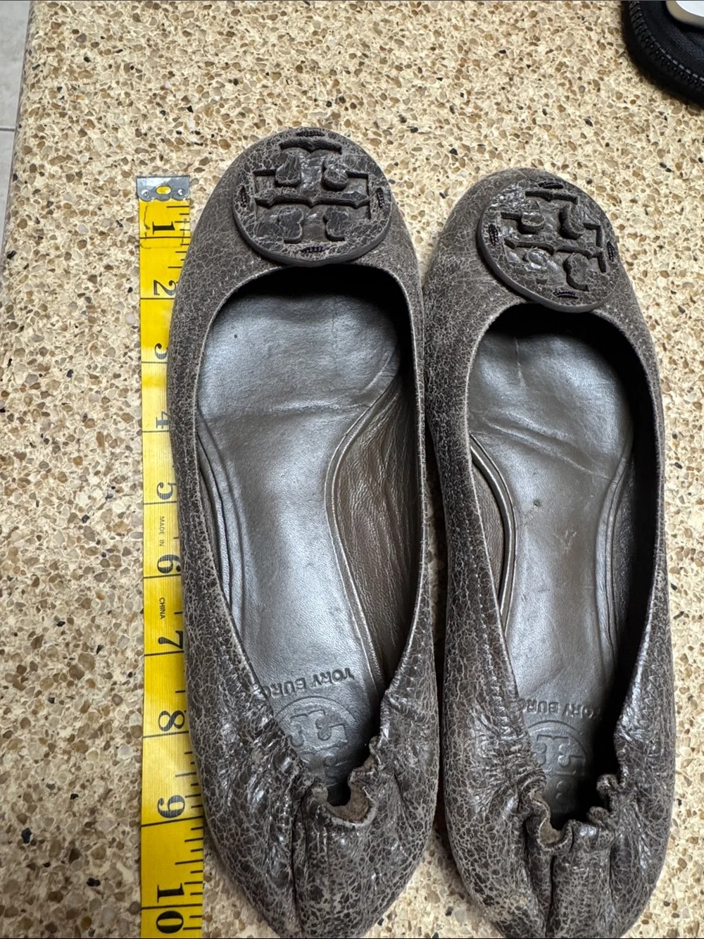 Tory Burch Distressed Brown Leather Logo Ballet Flats